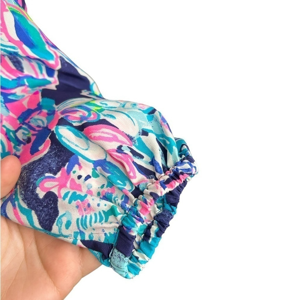 Lilly Pulitzer Elsa 100% Silk Smocked Bright Navy Caught Up Blouse Size XS - Picture 10 of 14